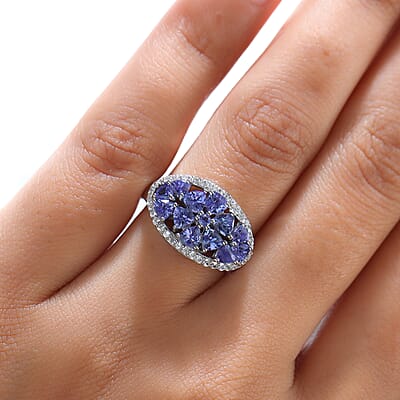 Tanzanite and White Zircon 2.20 ctw Ring in Platinum Over Sterling Silver (Size 8.0)