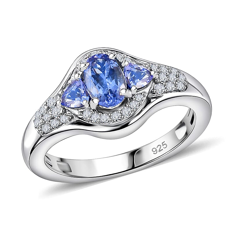 Tanzanite and White Zircon 1.20 ctw Ring in Platinum Over Sterling Silver (Size 11.5)
