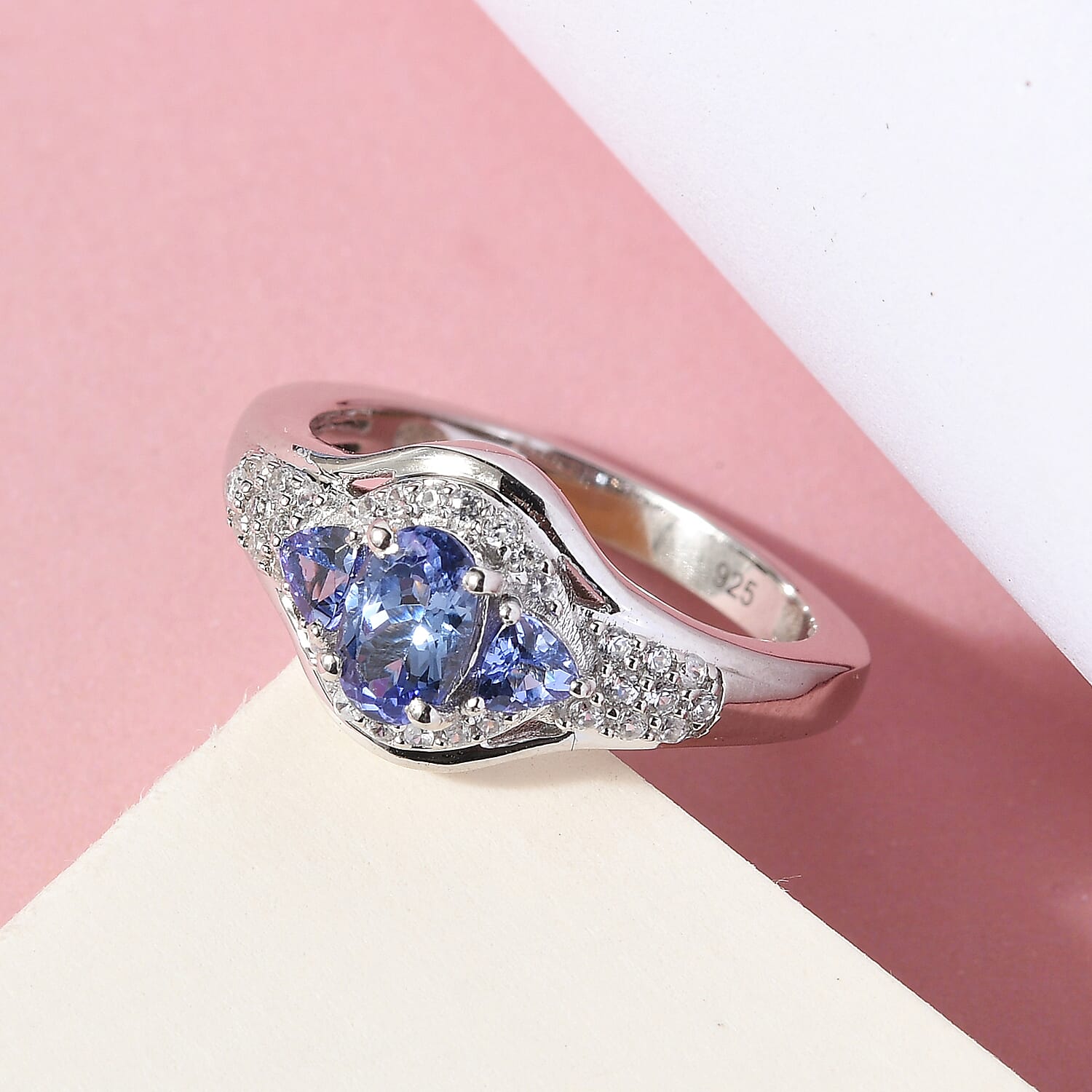 Tanzanite and White Zircon 1.20 ctw Ring in Platinum Over Sterling Silver (Size 11.5)