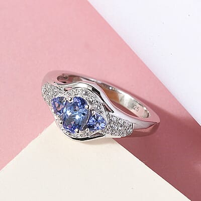 Tanzanite and White Zircon 1.20 ctw Ring in Platinum Over Sterling Silver (Size 11.5)