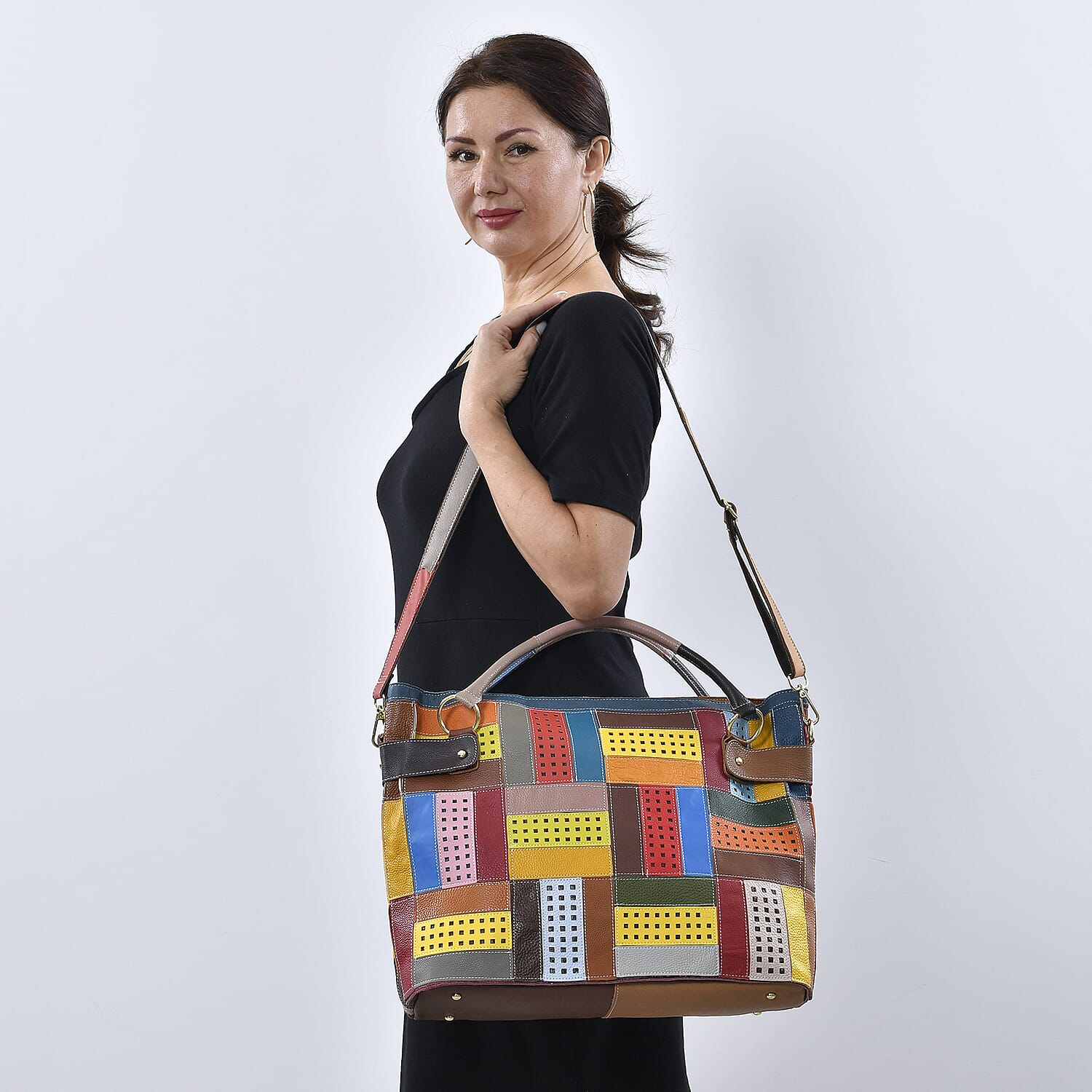 CHAOS BY ELSIE Rainbow Color Genuine Leather Tote Bag with Handle Drop and Detachable Shoulder Strap
