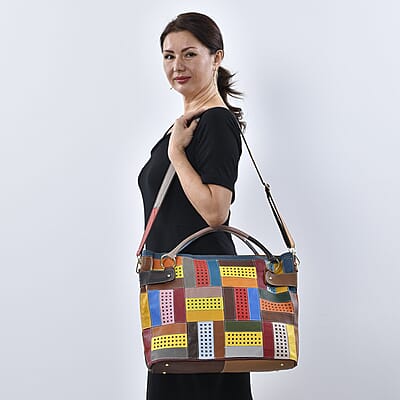 CHAOS BY ELSIE Rainbow Color Genuine Leather Tote Bag with Handle Drop and Detachable Shoulder Strap