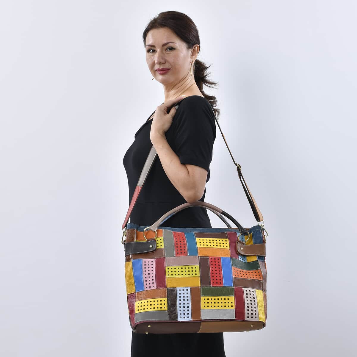 Rainbow Color Genuine Leather Tote Bag (16.9"x5.9"x12.6") with Handle Drop and Detachable Shoulder Strap image number 1