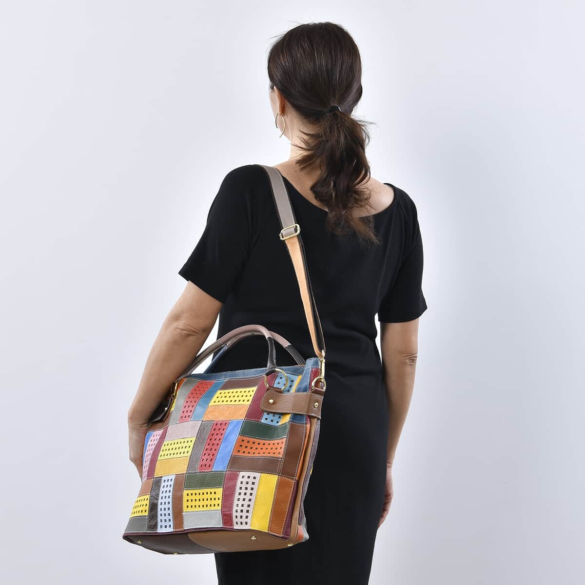 Rainbow Color Genuine Leather Tote Bag (16.9"x5.9"x12.6") with Handle Drop and Detachable Shoulder Strap image number 2
