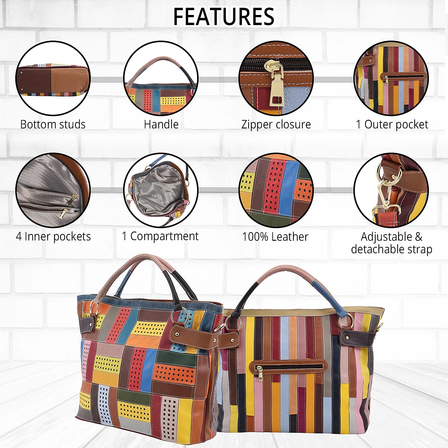 CHAOS BY ELSIE Rainbow Color Genuine Leather Tote Bag with Handle Drop and Detachable Shoulder Strap