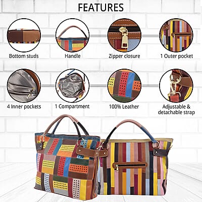 CHAOS BY ELSIE Rainbow Color Genuine Leather Tote Bag with Handle Drop and Detachable Shoulder Strap