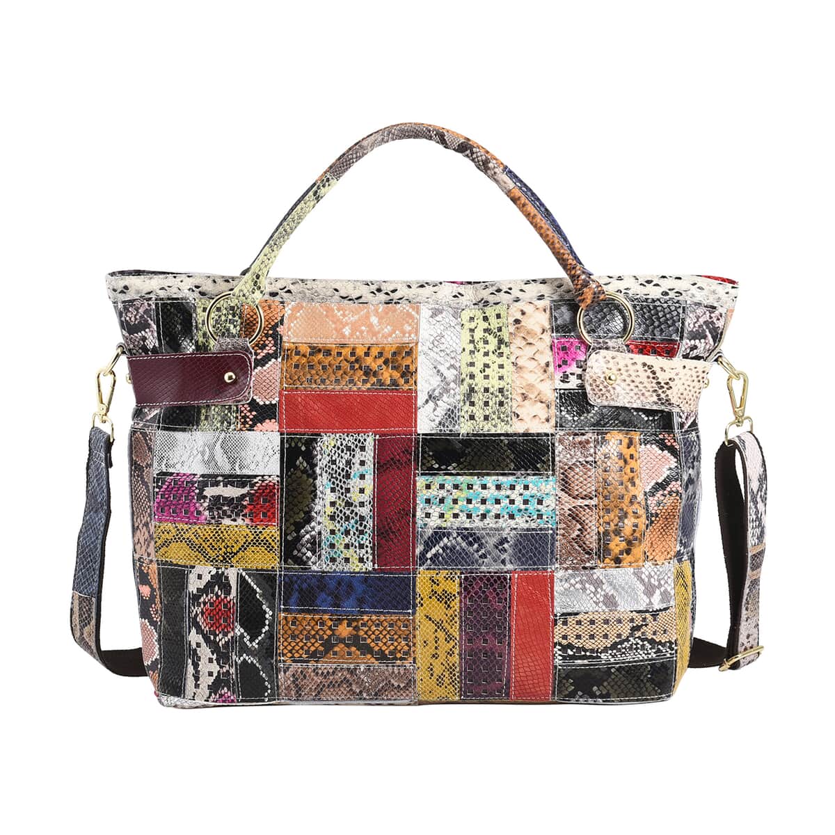 CHAOS BY ELSIE Rainbow Color Snake Print Pattern Genuine Leather Tote Bag with Handle Drop and Detachable Shoulder Strap image number 0