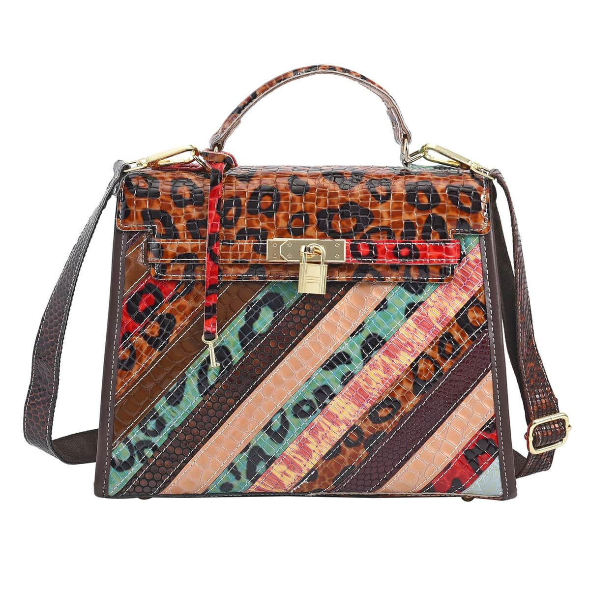 CHAOS By Elsie Rainbow Color Stripe Cheetah And Snake Pattern Genuine Leather Satchel Bag with Long Strap image number 0