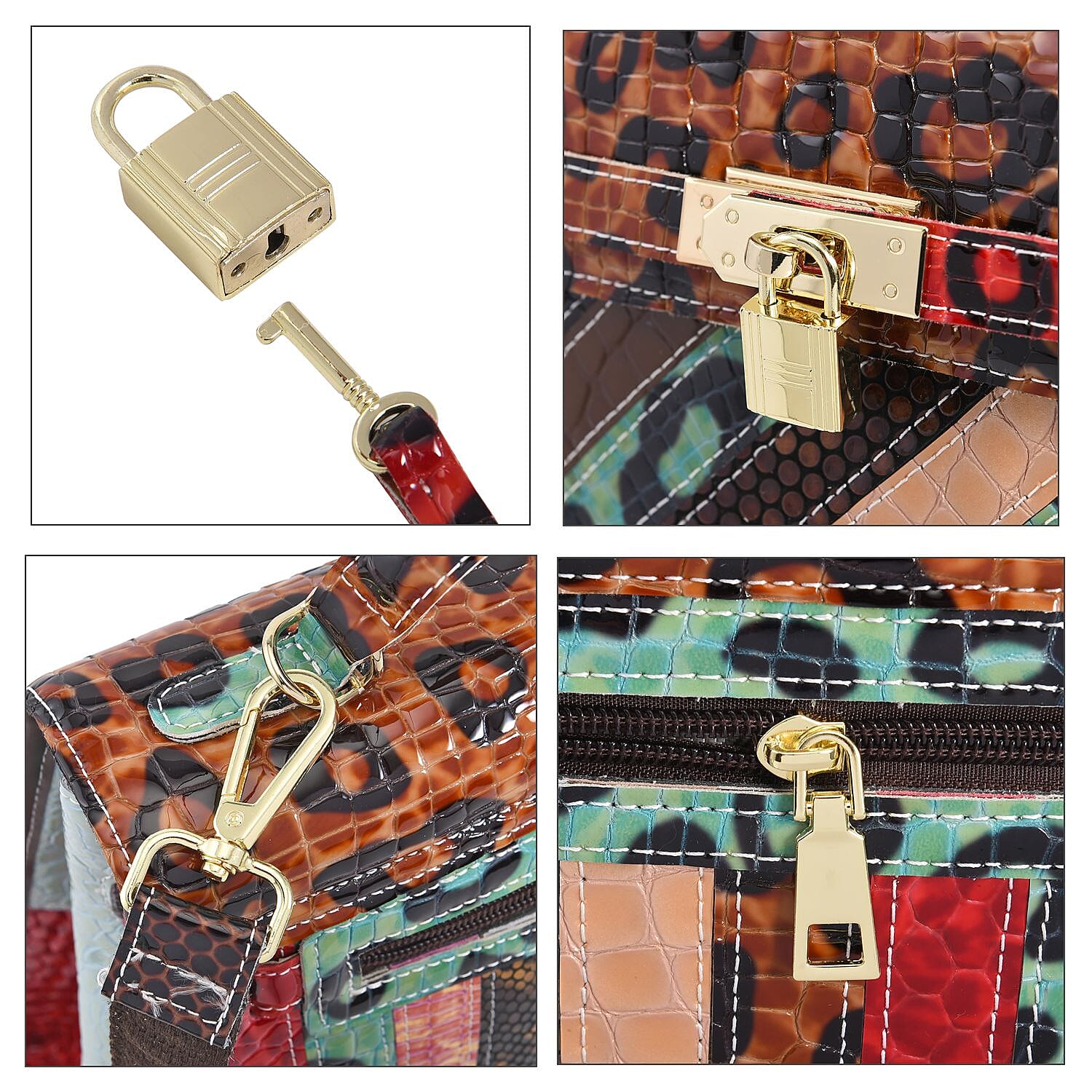 CHAOS By Elsie Rainbow Color Stripe Cheetah And Snake Pattern Genuine Leather Satchel Bag with Long Strap