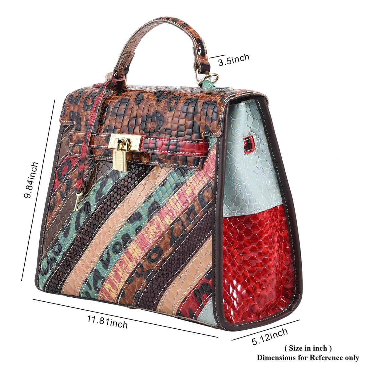 CHAOS By Elsie Rainbow Color Stripe Cheetah And Snake Pattern Genuine Leather Satchel Bag with Long Strap image number 6