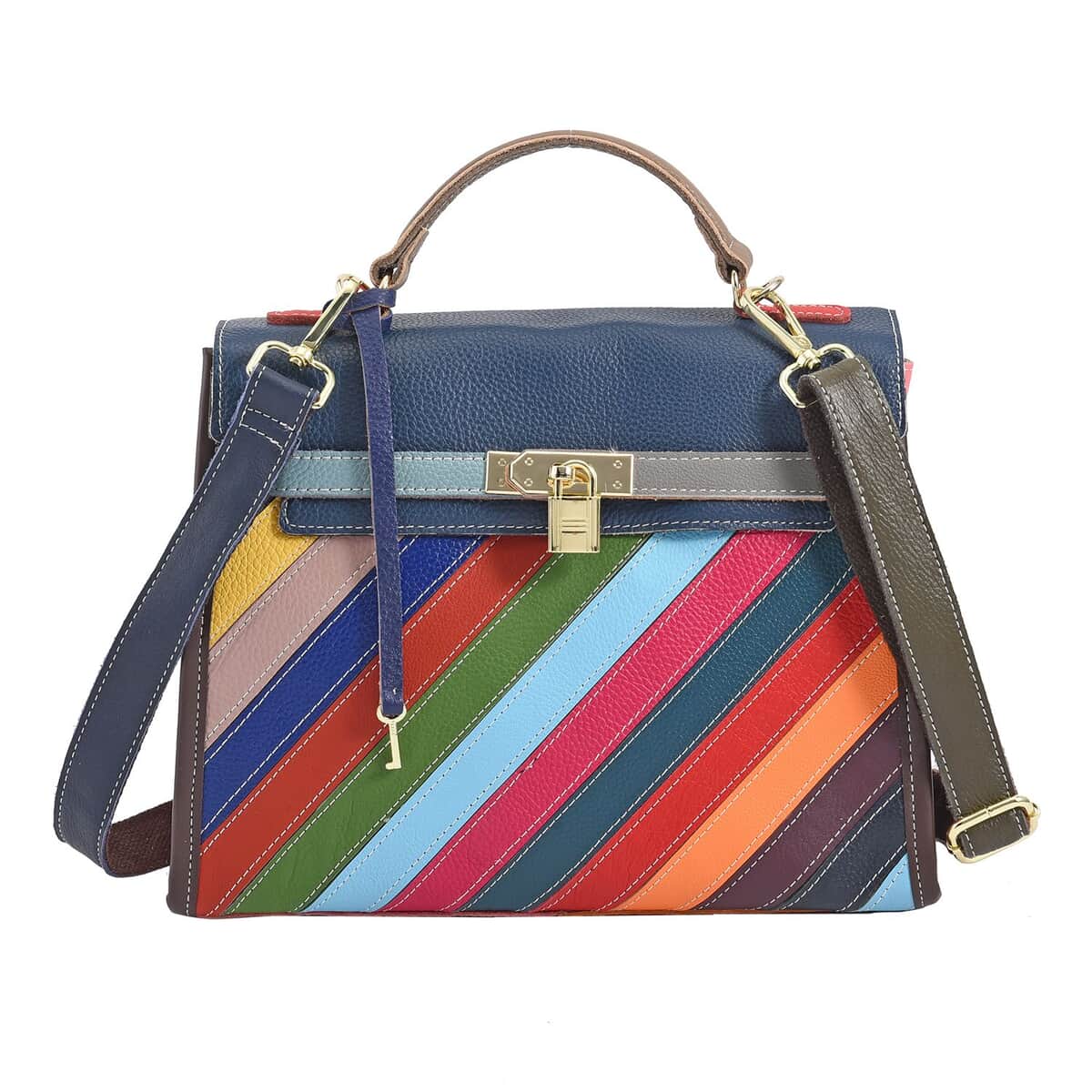 CHAOS By Elsie Rainbow Color Croc Embossed Stripe Pattern Genuine Leather Satchel Bag with Long Strap image number 0