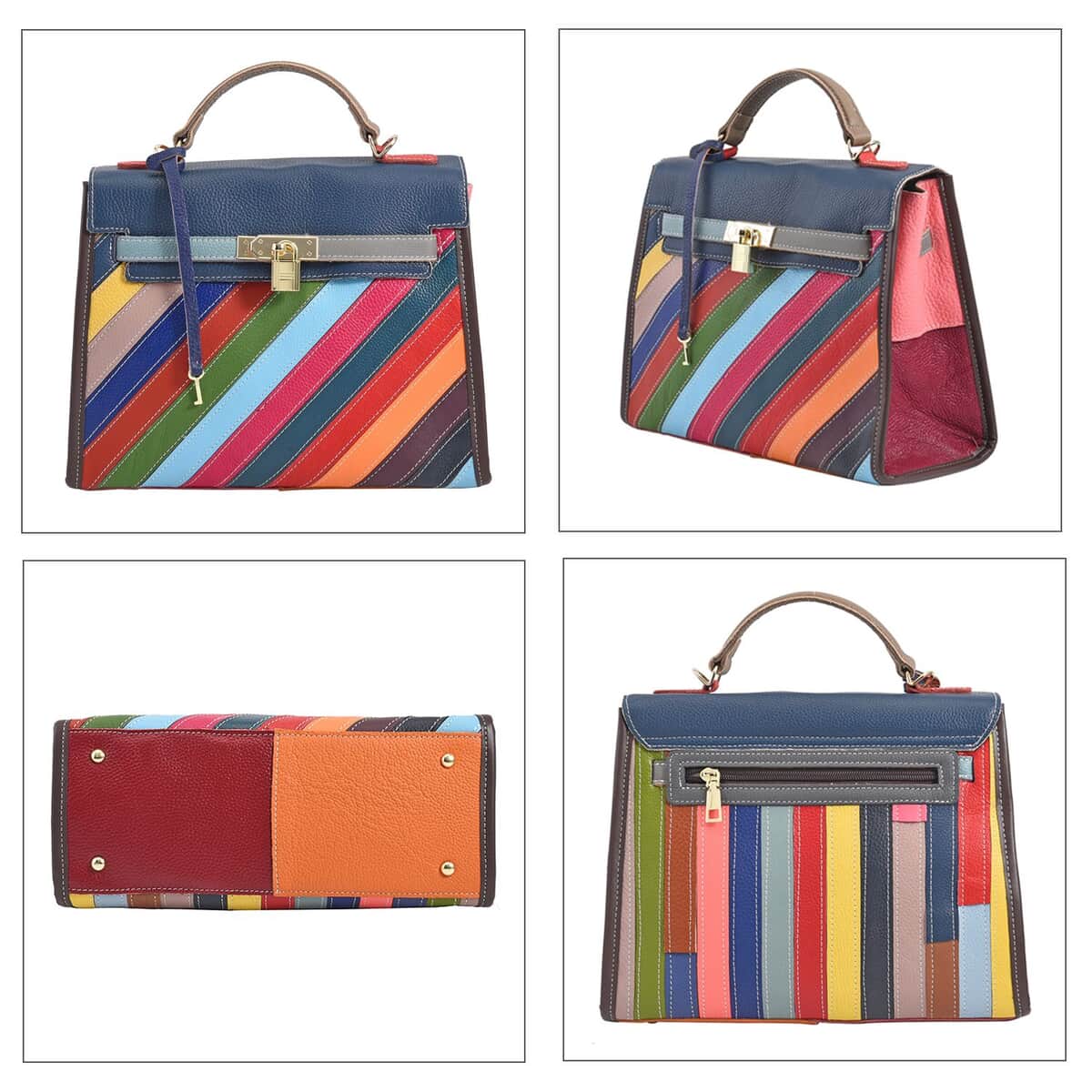 CHAOS By Elsie Rainbow Color Croc Embossed Stripe Pattern Genuine Leather Satchel Bag with Long Strap image number 3