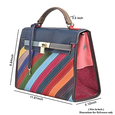 CHAOS By Elsie Rainbow Color Croc Embossed Stripe Pattern Genuine Leather Satchel Bag with Long Strap