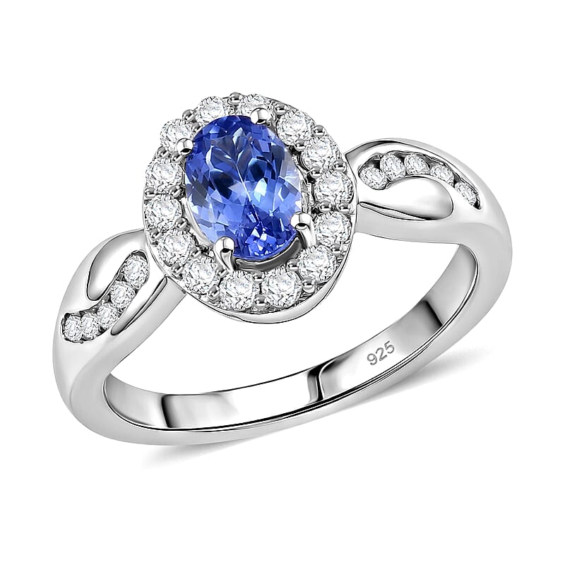 Tanzanite and White Zircon 1.10 ctw Ring in Platinum Over Sterling Silver (Size 11.5)