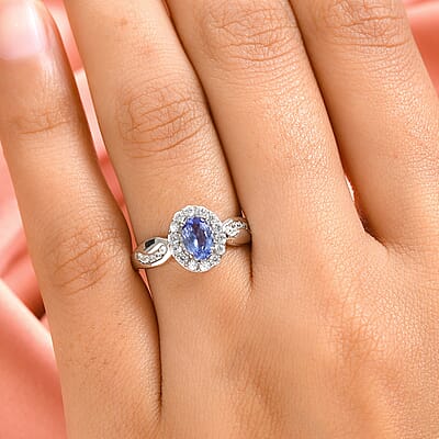 Tanzanite and White Zircon 1.10 ctw Ring in Platinum Over Sterling Silver (Size 11.5)
