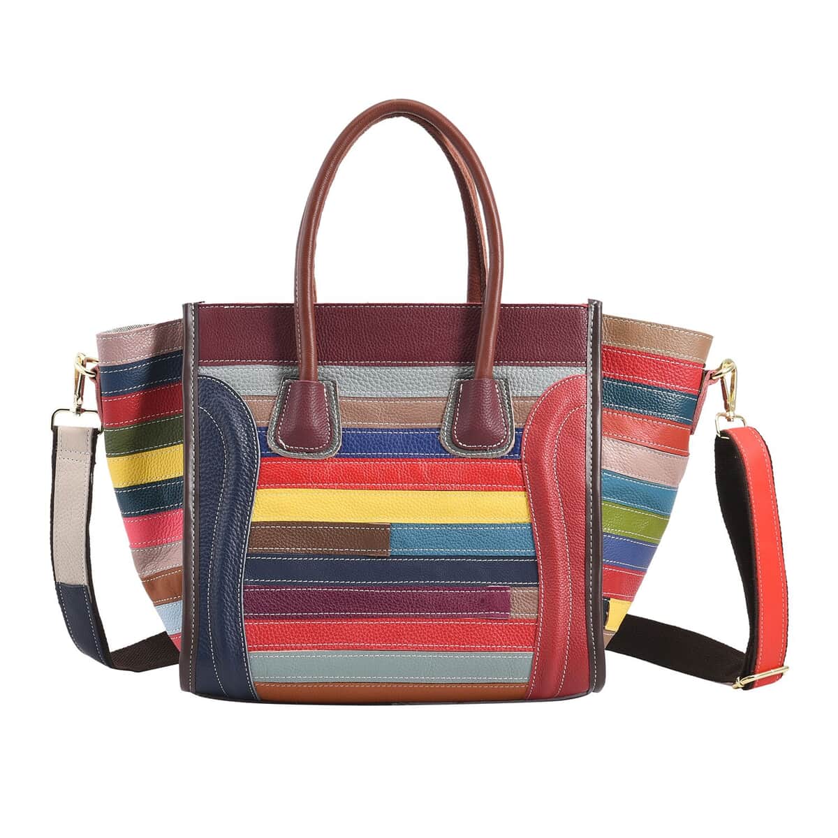 CHAOS Rainbow Color Patchwork Genuine Leather Convertible Tote Bag with Long Shoulder Strap image number 0