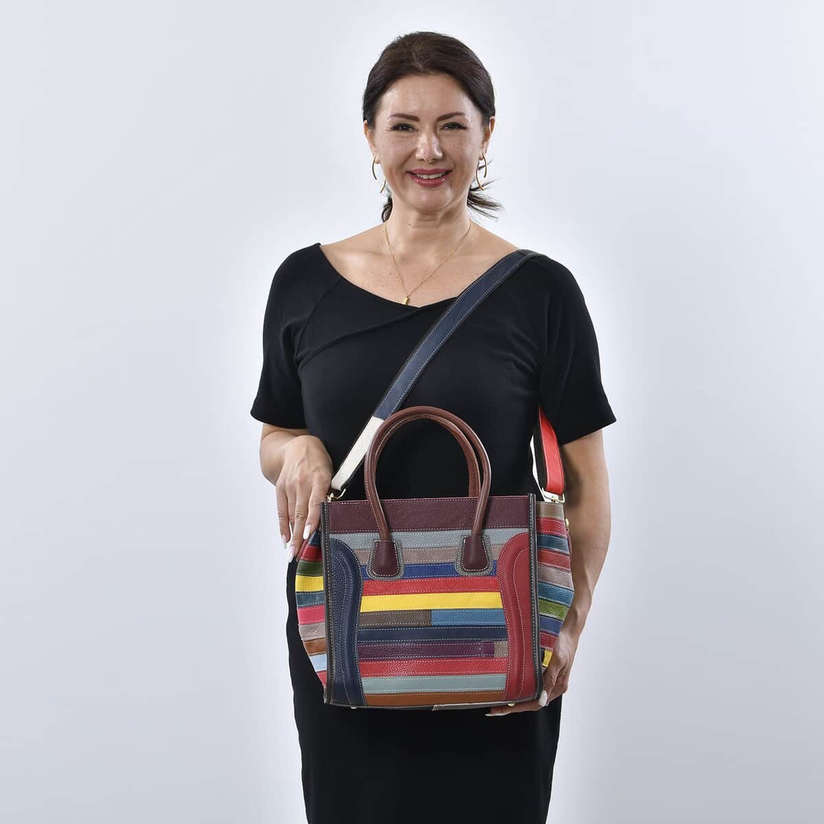 CHAOS Rainbow Color Patchwork Genuine Leather Convertible Tote Bag with Long Shoulder Strap image number 1