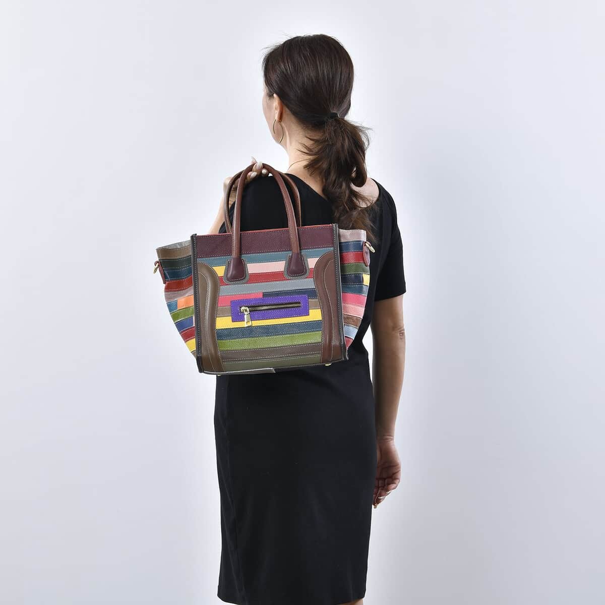 CHAOS Rainbow Color Patchwork Genuine Leather Convertible Tote Bag with Long Shoulder Strap image number 2