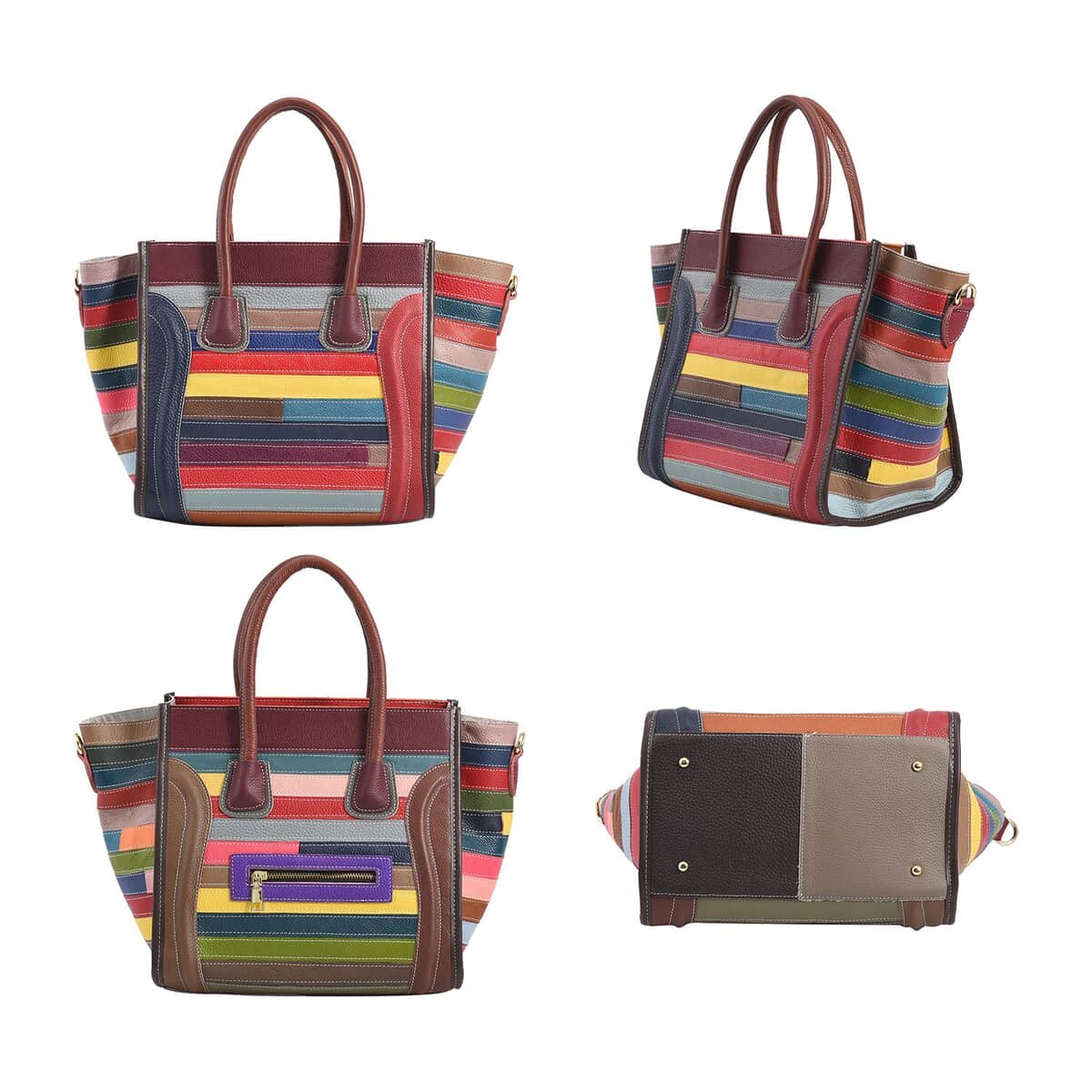 CHAOS Rainbow Color Patchwork Genuine Leather Convertible Tote Bag with Long Shoulder Strap image number 3