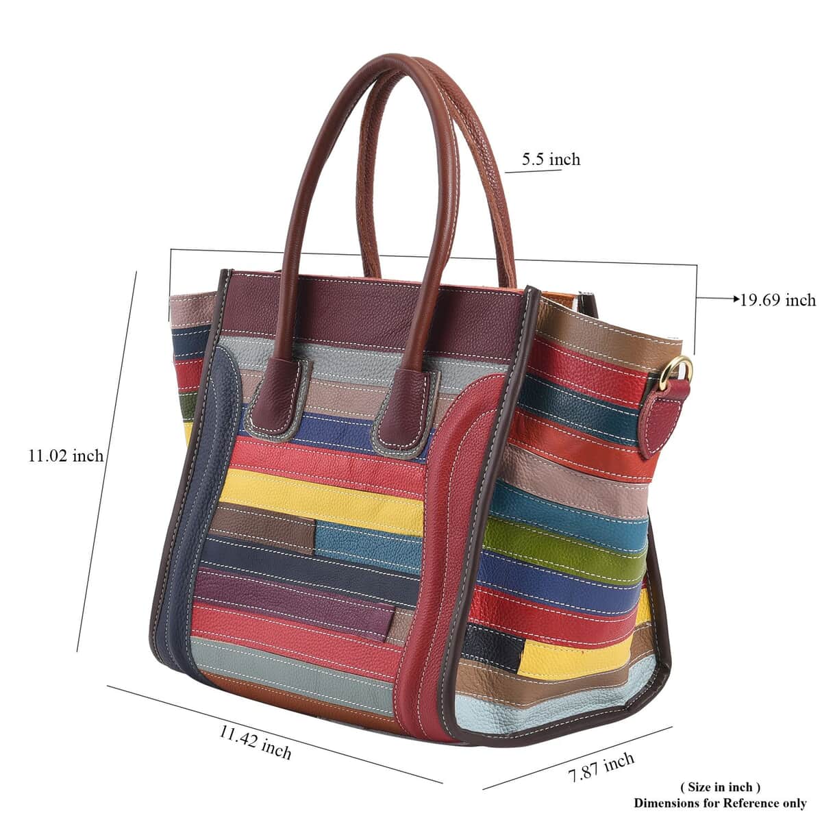 CHAOS Rainbow Color Patchwork Genuine Leather Convertible Tote Bag with Long Shoulder Strap image number 6