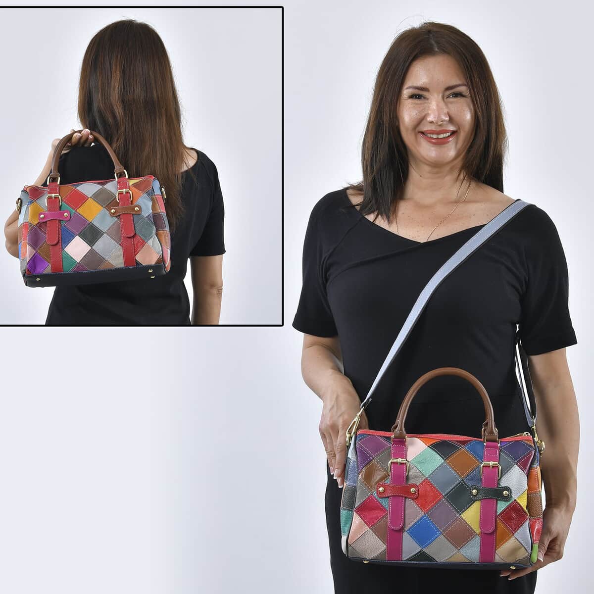 Rainbow Color Genuine Leather Tote Bag (12.5"x6.5"x8") with Handle Drop and Detachable Shoulder Strap image number 1