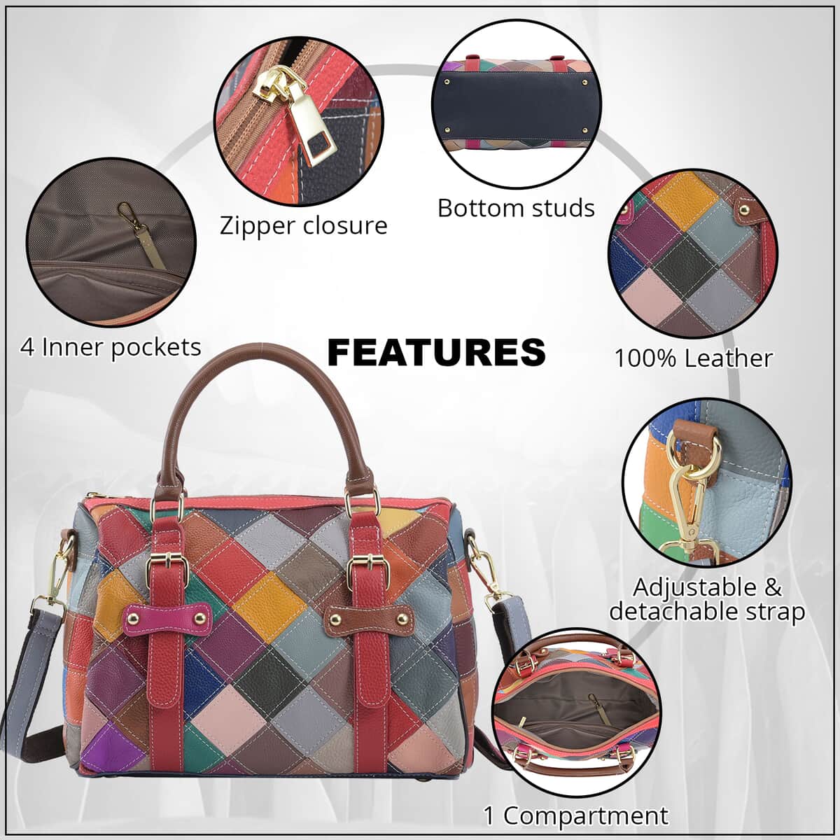 Rainbow Color Genuine Leather Tote Bag (12.5"x6.5"x8") with Handle Drop and Detachable Shoulder Strap image number 2