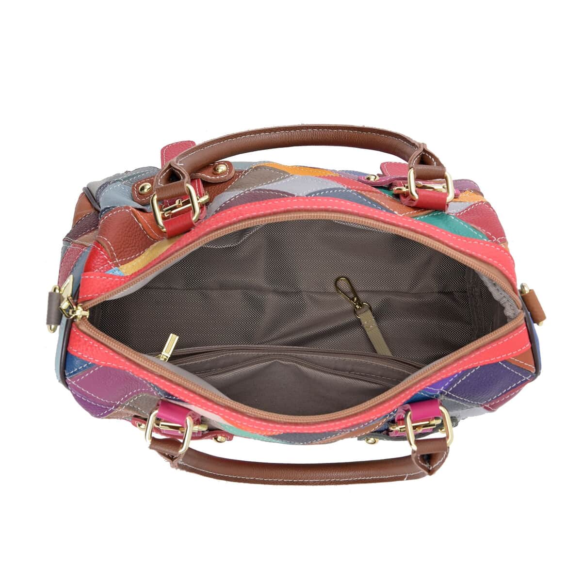 CHAOS By Elsie Multi Color Solid Genuine Leather Double Buckle Tote Bag image number 5