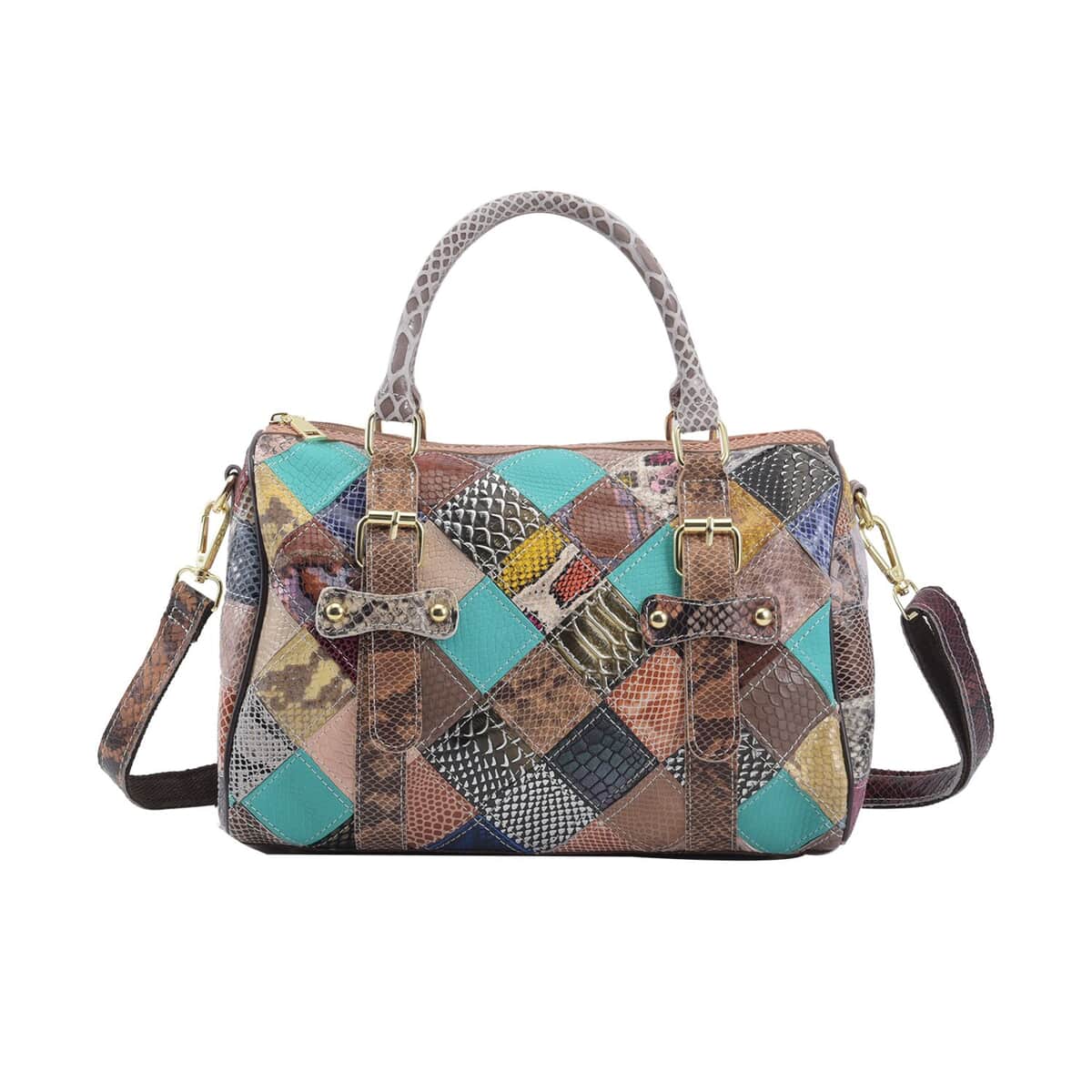 Chaos By Elsie Multi Color Snake Print Genuine Leather Double Buckle Tote Bag image number 0