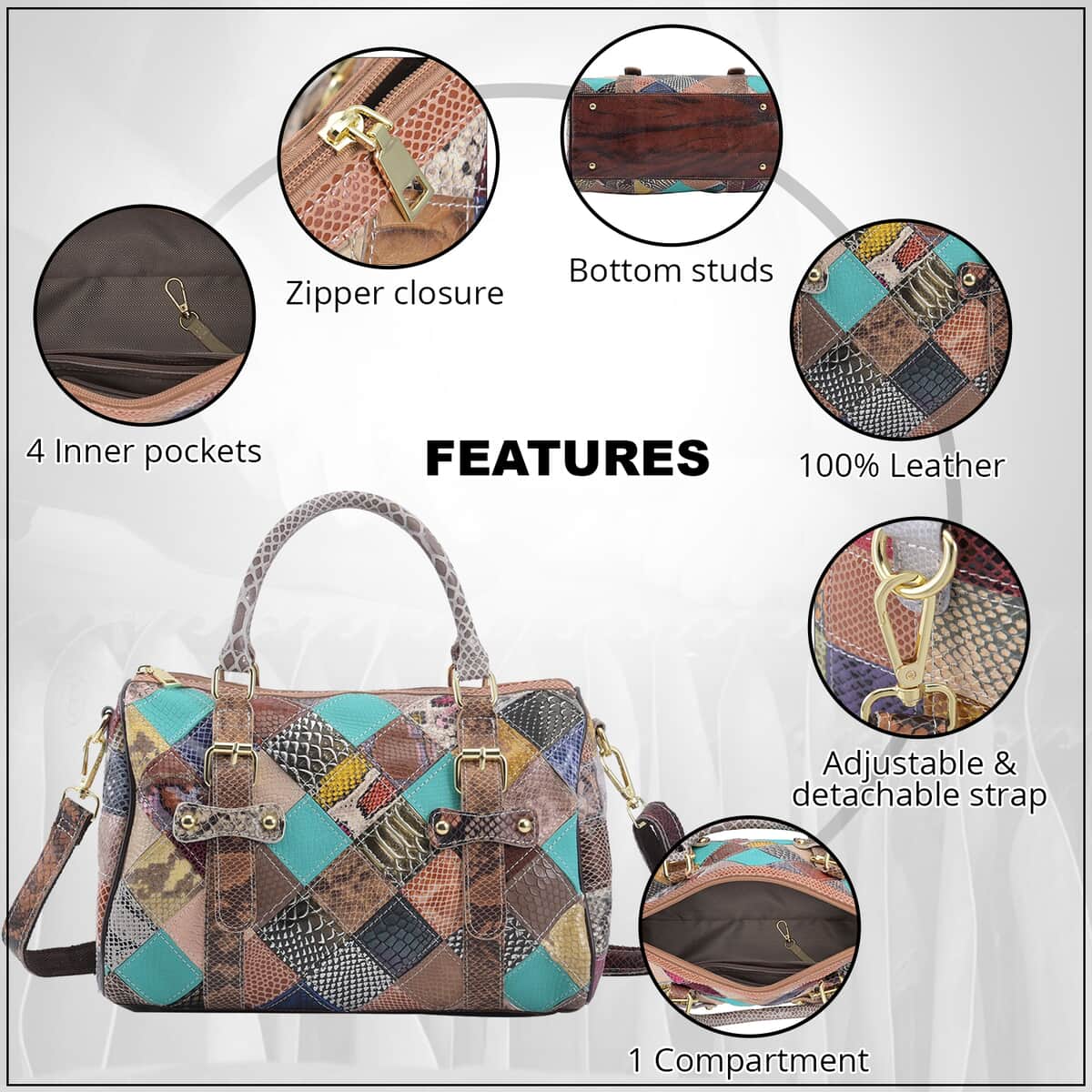 Chaos By Elsie Multi Color Snake Print Genuine Leather Double Buckle Tote Bag image number 2