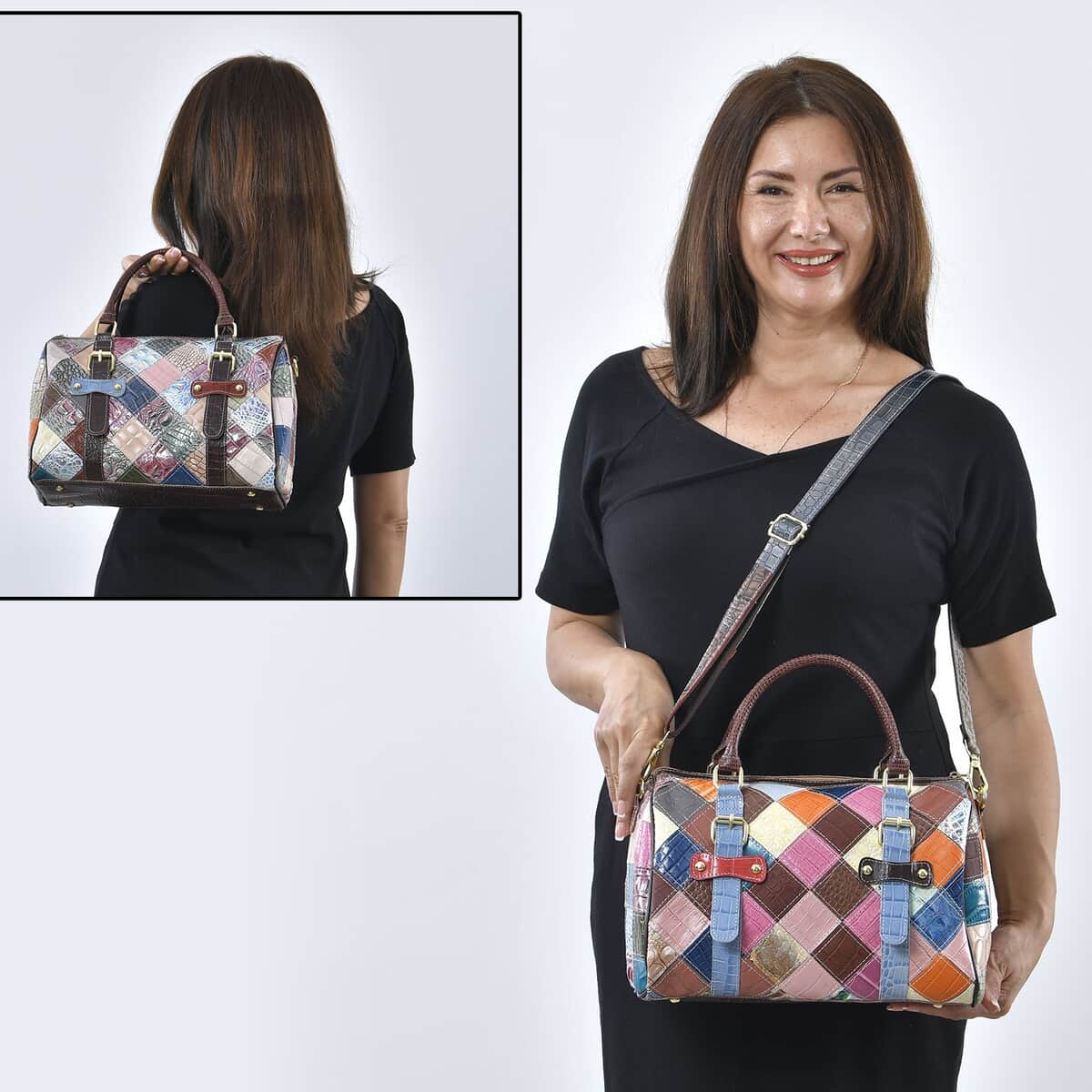 CHAOS By Elsie Multi Color Crocodile Print Genuine Leather Double Buckle Tote Bag image number 1