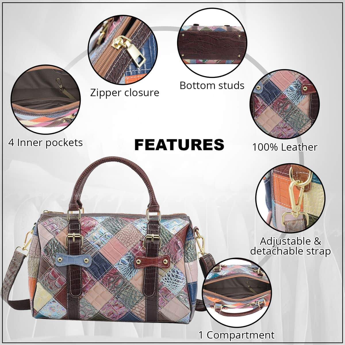 CHAOS By Elsie Multi Color Crocodile Print Genuine Leather Double Buckle Tote Bag image number 2