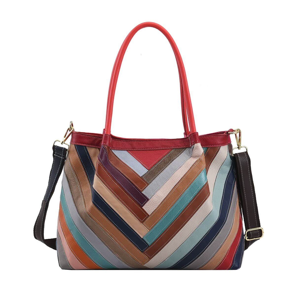 Rainbow Color Chevron Pattern Genuine Leather Tote Bag (14.96"x5.9"x11.81") with Long Strap image number 0
