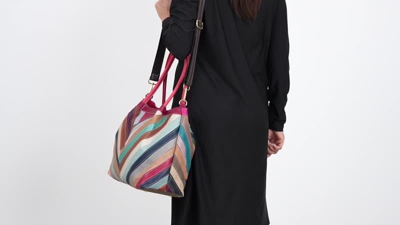Rainbow Color Chevron Pattern Genuine Leather Tote Bag (14.96"x5.9"x11.81") with Long Strap