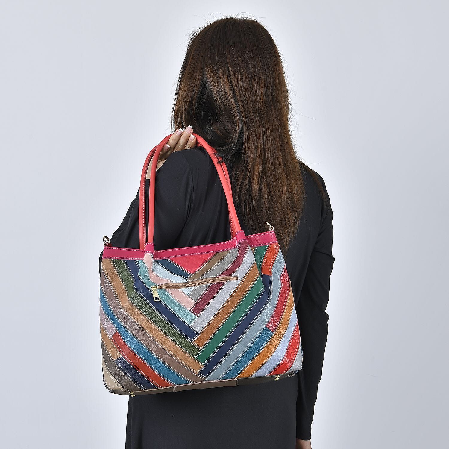 CHAOS By Elsie Rainbow Color Chevron Pattern Genuine Leather Tote Bag with Long Strap