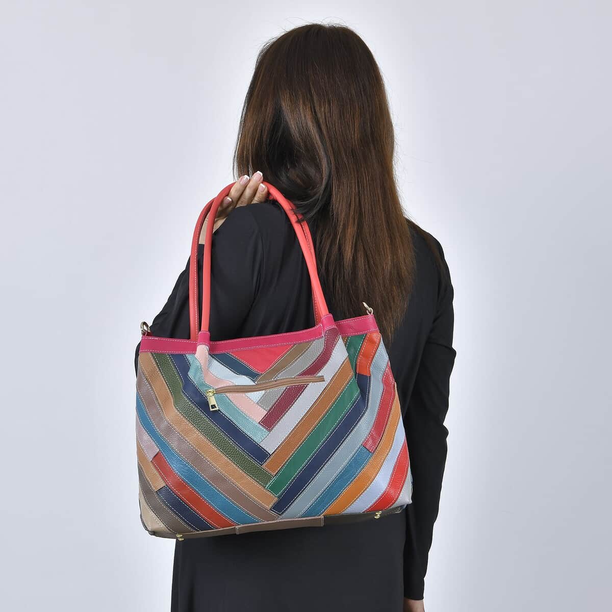 Rainbow Color Chevron Pattern Genuine Leather Tote Bag (14.96"x5.9"x11.81") with Long Strap image number 2