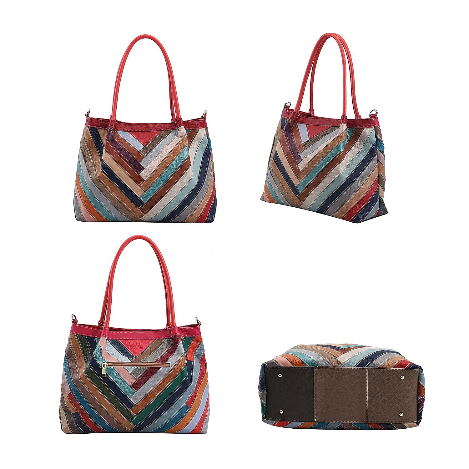 CHAOS By Elsie Rainbow Color Chevron Pattern Genuine Leather Tote Bag with Long Strap