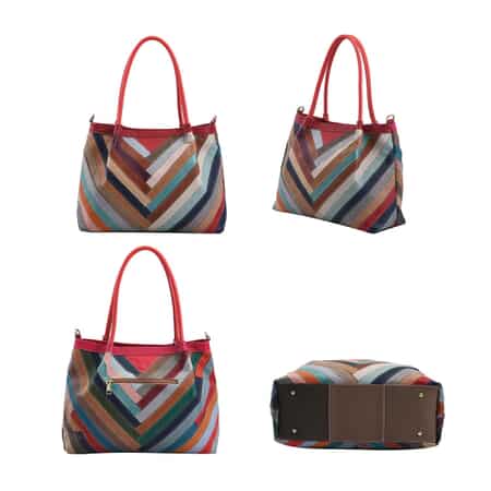 CHAOS By Elsie Rainbow Color Chevron Pattern Genuine Leather Tote Bag with Long Strap image number 3
