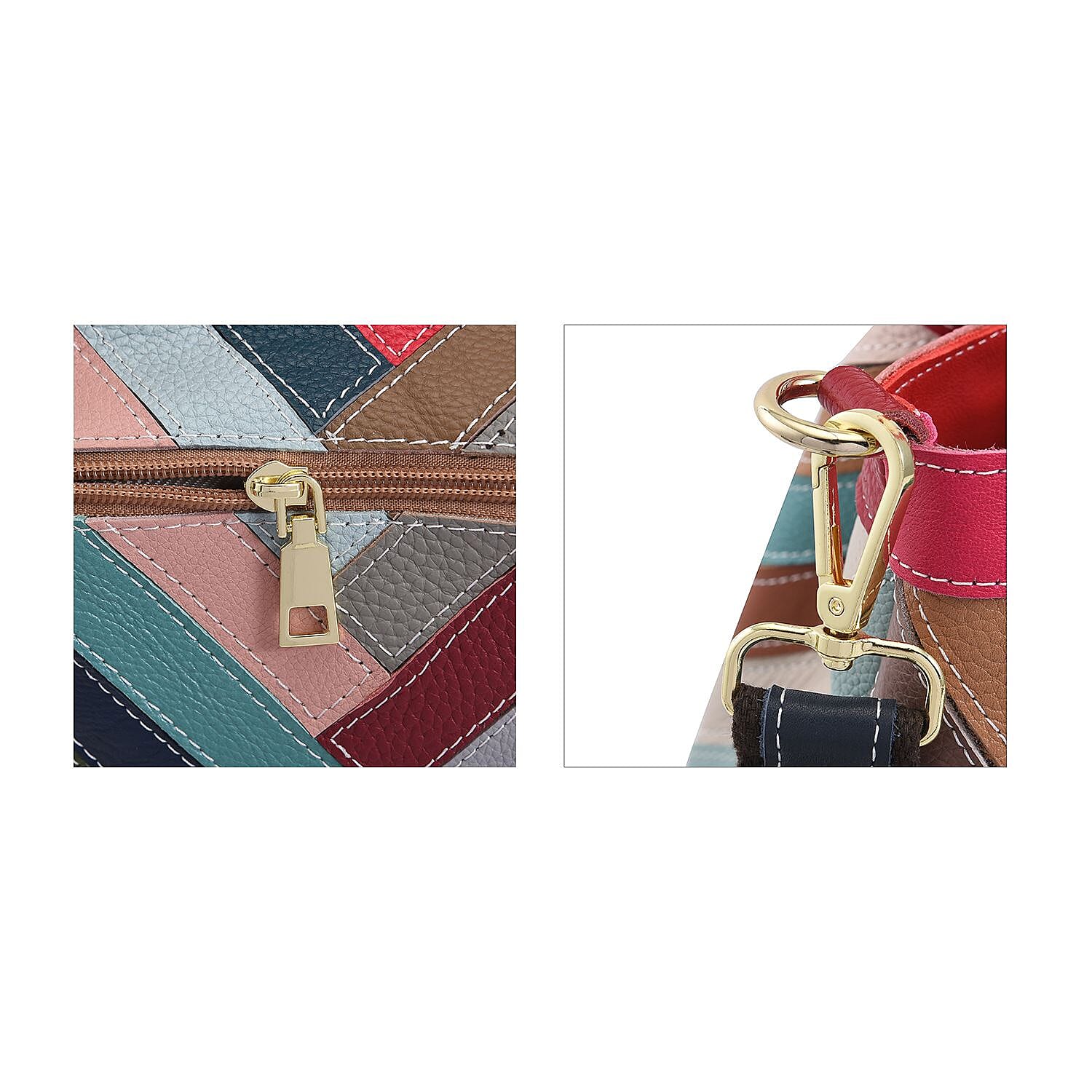 CHAOS By Elsie Rainbow Color Chevron Pattern Genuine Leather Tote Bag with Long Strap