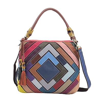 CHAOS By Elsie Multi Color Solid Genuine Leather Rhombus Pattern Tote Bag