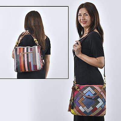 CHAOS By Elsie Multi Color Solid Genuine Leather Rhombus Pattern Tote Bag