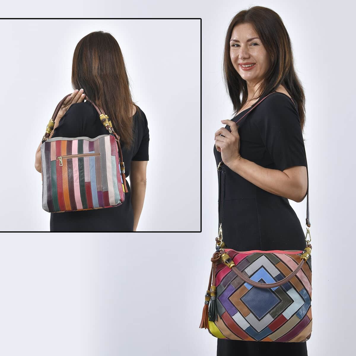 Rainbow Color Genuine Leather Tote Bag (14"x4"x11") with Handle Drop and Detachable Shoulder Strap image number 1