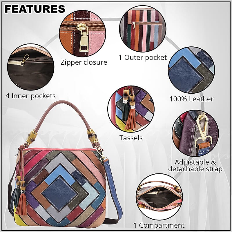 CHAOS By Elsie Multi Color Solid Genuine Leather Rhombus Pattern Tote Bag
