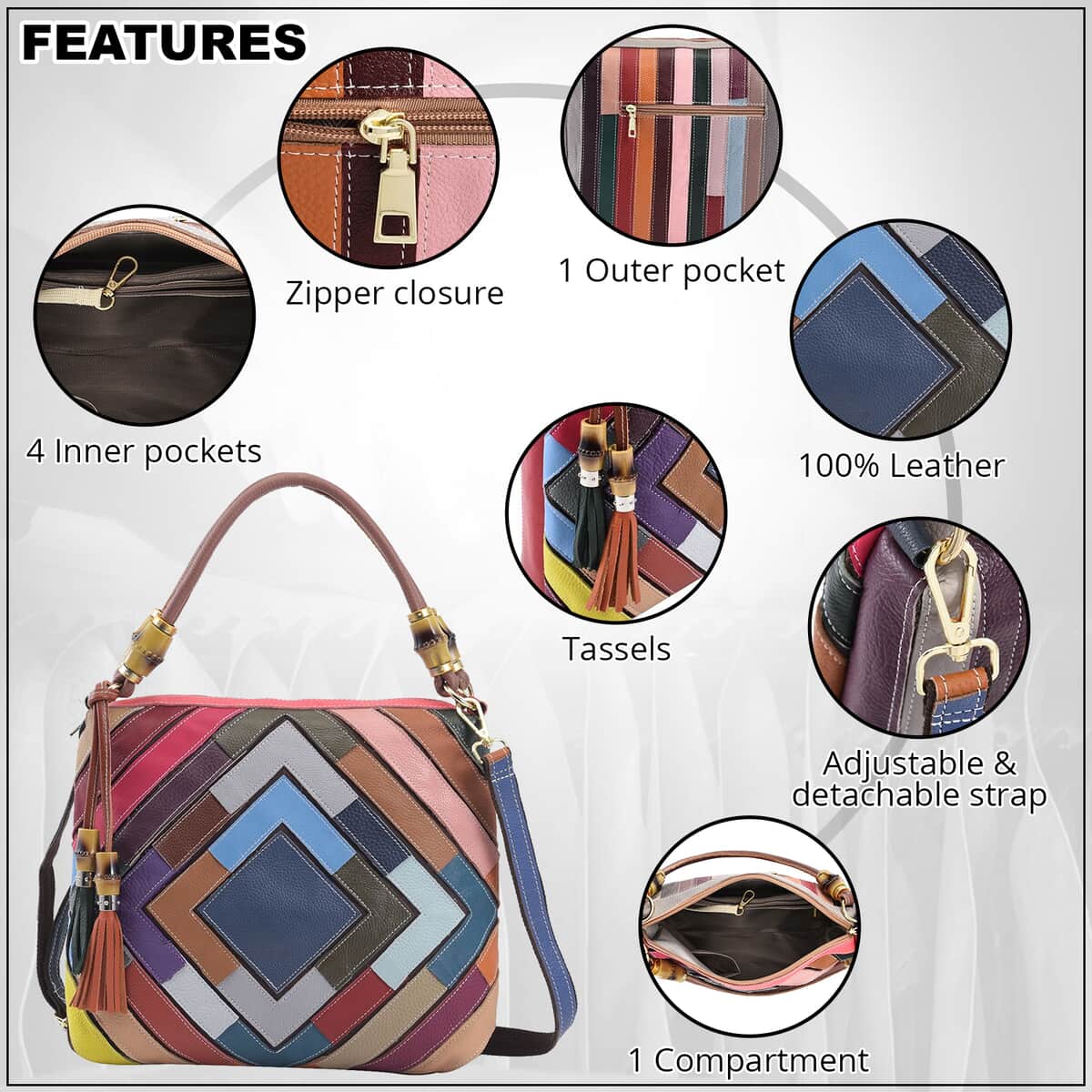 Rainbow Color Genuine Leather Tote Bag (14"x4"x11") with Handle Drop and Detachable Shoulder Strap image number 2
