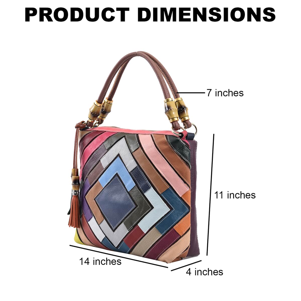 Rainbow Color Genuine Leather Tote Bag (14"x4"x11") with Handle Drop and Detachable Shoulder Strap image number 3