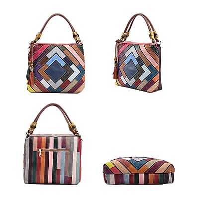 CHAOS By Elsie Multi Color Solid Genuine Leather Rhombus Pattern Tote Bag