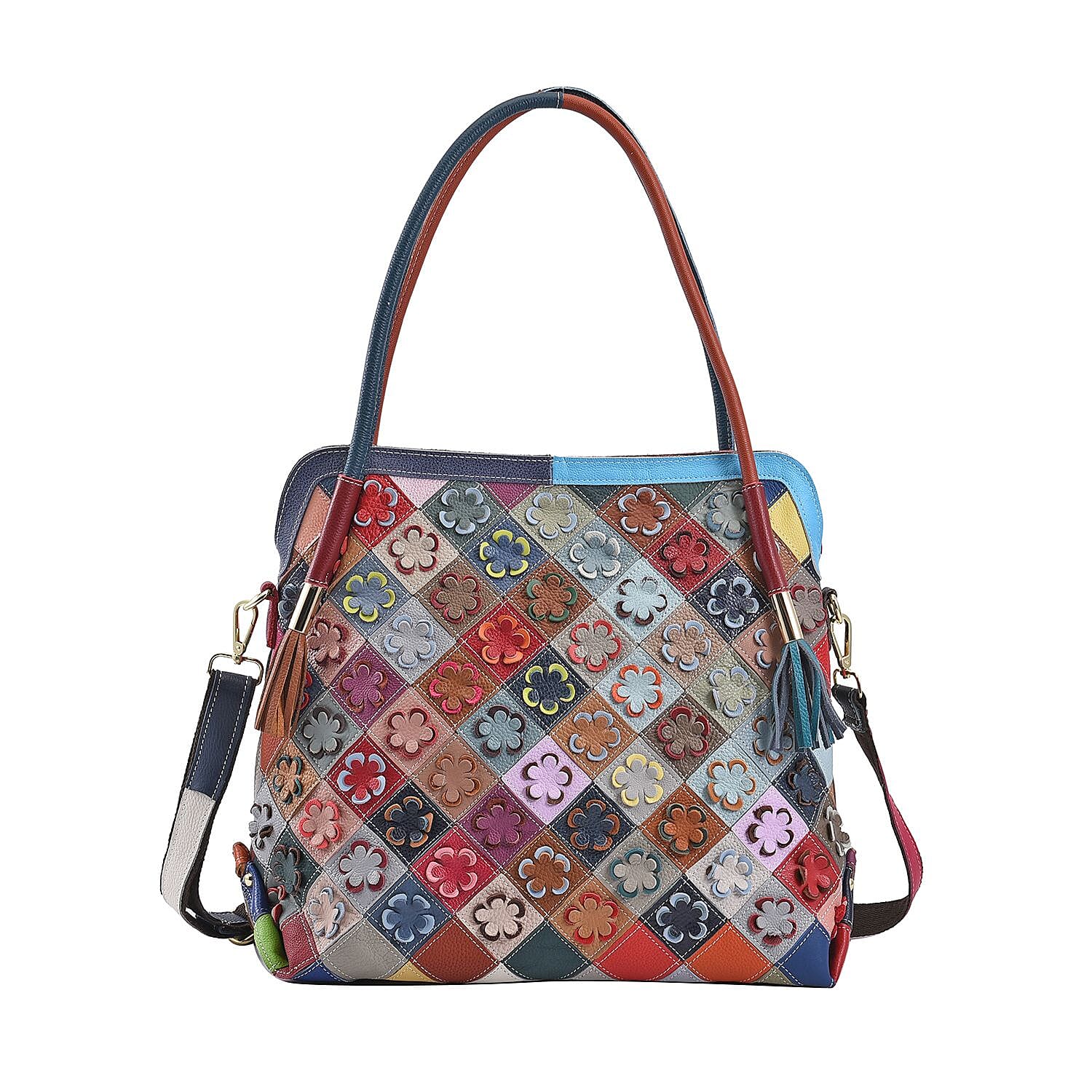 CHAOS BY ELSIE Rainbow Color Solid 3D Flower Pattern Genuine Leather Tote Bag with Long Strap