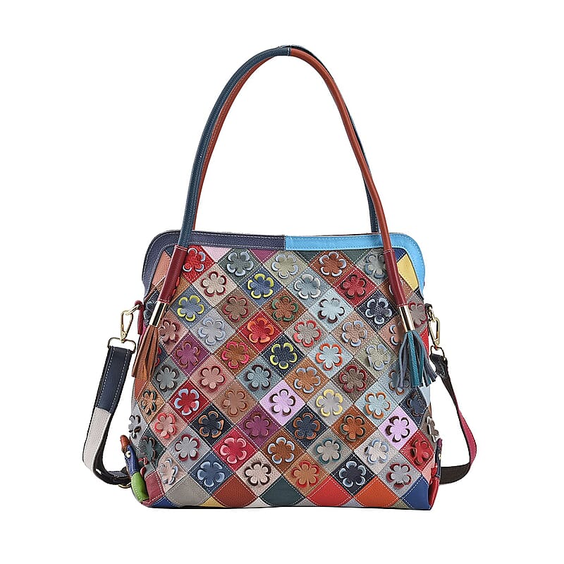 CHAOS BY ELSIE Rainbow Color Solid 3D Flower Pattern Genuine Leather Tote Bag with Long Strap