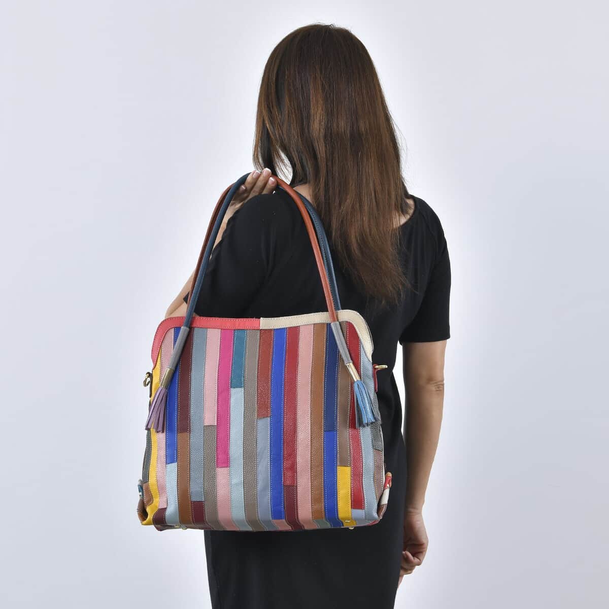 Rainbow Color Stripe and 3D Flower Pattern Genuine Leather Tote Bag (16.53"x6.5"x13.78") with Long Strap image number 2