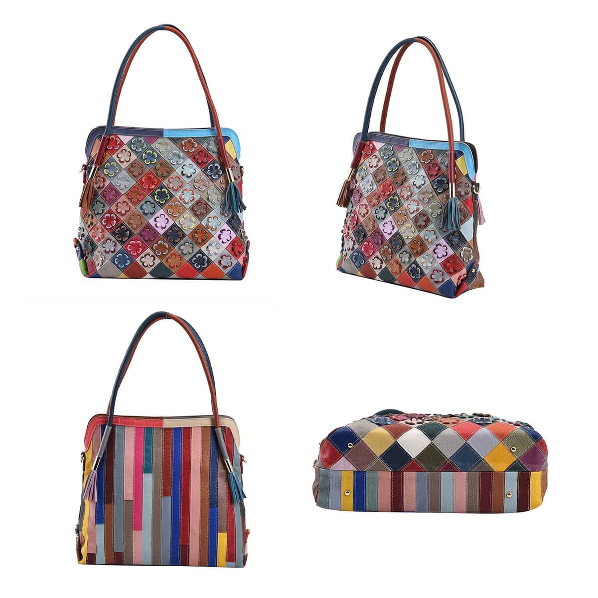 Rainbow Color Stripe and 3D Flower Pattern Genuine Leather Tote Bag (16.53"x6.5"x13.78") with Long Strap image number 3
