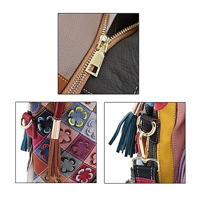 CHAOS BY ELSIE Rainbow Color Solid 3D Flower Pattern Genuine Leather Tote Bag with Long Strap